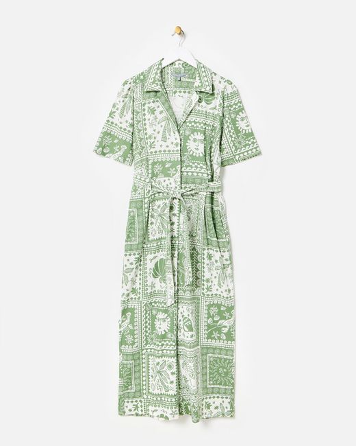 Oliver Bonas Green & White Summer Tile Print Linen Blend Jumpsuit, Size 6