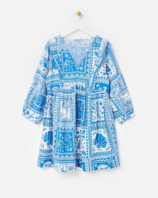 Oliver Bonas Blue White & Summer Tile Print Seersucker Mini Dress, Size 6