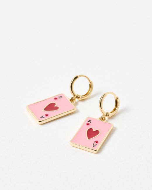 Oliver Bonas Pink Rayna Playing Card Enamel Charm Huggie Earrings