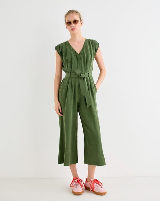 Oliver Bonas Green Dark V-neck Gathered Shoulder Cropped Jumpsuit, Size 12