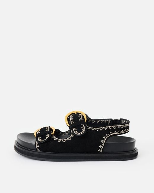 Oliver Bonas Black Suede Stitch Detail Double Buckle Sandals, Size 5