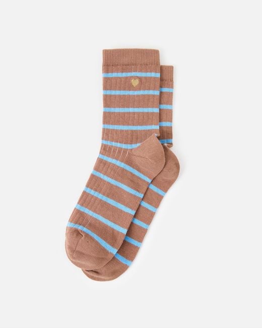 Oliver Bonas White & Blue Striped Heart Embroidered Ankle Socks