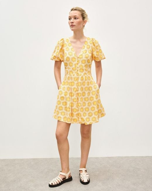 Oliver Bonas Yellow Sunburst Print V-neck Mini Dress, Size 8