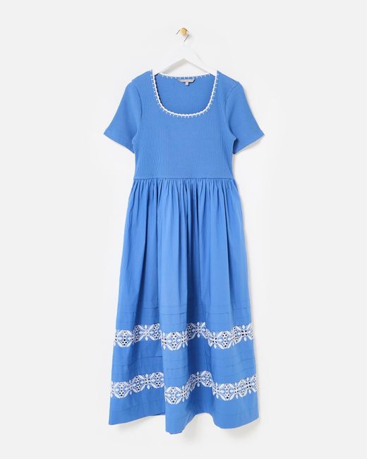 Oliver Bonas Blue & White Broderie Short Sleeve Midi Dress, Size 6