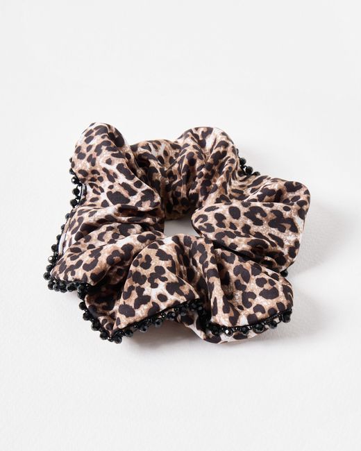 Oliver Bonas Brown Mina Leopard Print Bead Trim Scrunchie