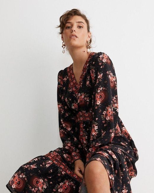 Oliver Bonas Sunburst Floral Print V-neck Midi Dress in Black | Lyst