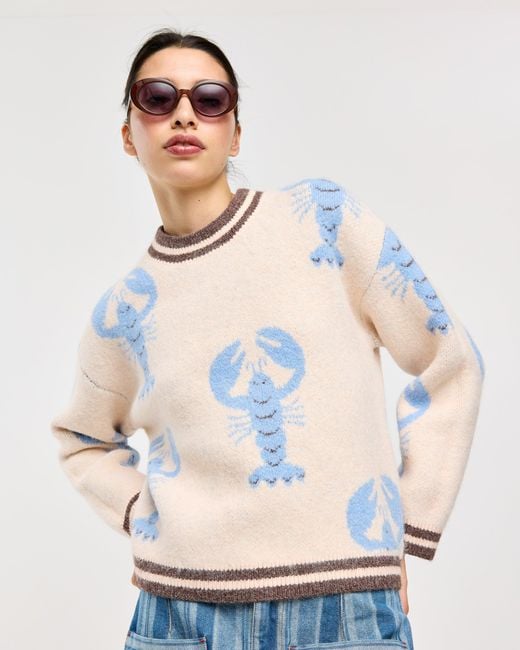 Oliver Bonas Natural Cream & Blue Lobster Crew Neck Knitted Jumper, Size 6