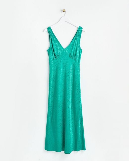 Oliver Bonas Blue Green Satin Slip Midi Dress, Size 14