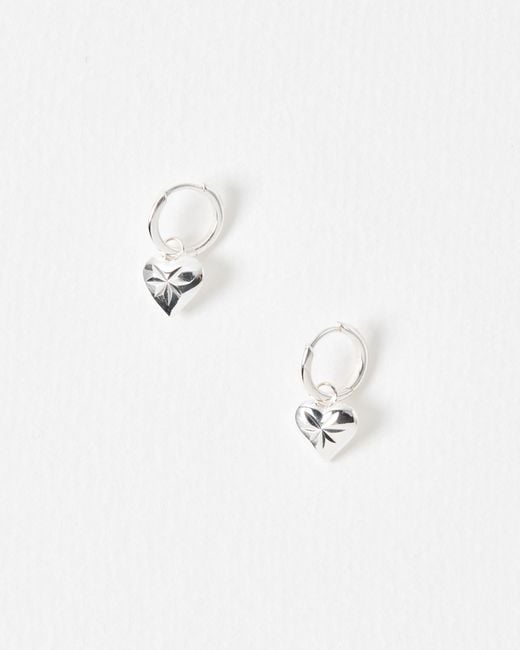 Oliver Bonas White Cora Engraved Heart Charm Hoop Drop Earrings