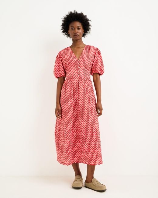 Oliver Bonas Pink Ditsy Floral V-neck Puff Sleeve Midi Dress, Size 10