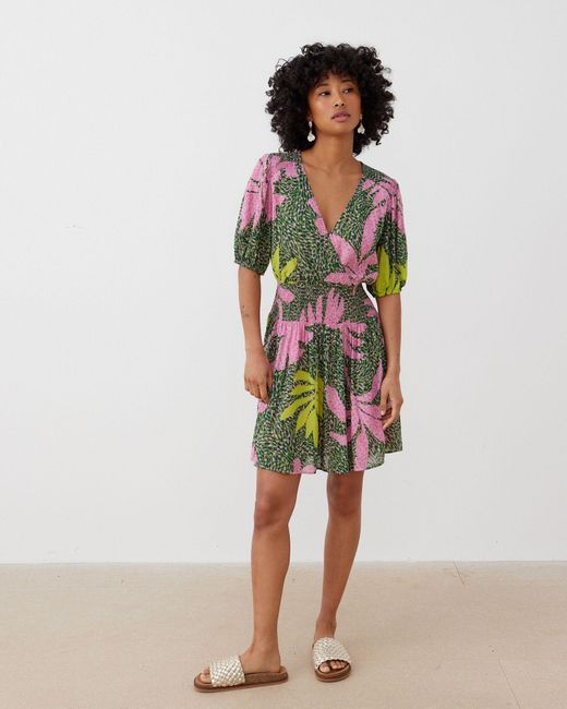 Oliver Bonas Green Palm Print Shirred Mini Dress, Size 6
