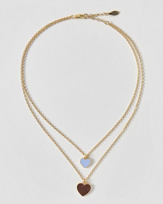 Oliver Bonas White Cove Blue & Brown Double Heart Pendant Double Row Necklace