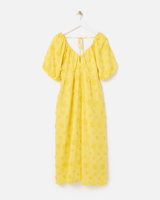 Oliver Bonas Yellow 3d Floral Textured Puff Sleeve Cotton Midi Dress, Size 6