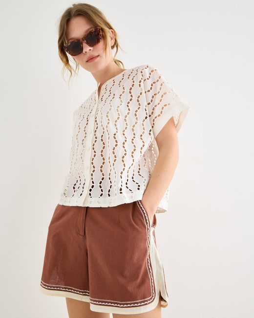 Oliver Bonas White Cream Broderie Boxy Short Sleeve Cotton Blouse, Size 10