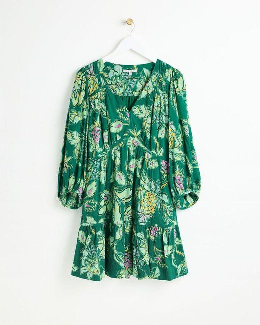 Oliver Bonas Green Paisley Floral Tiered Mini Dress