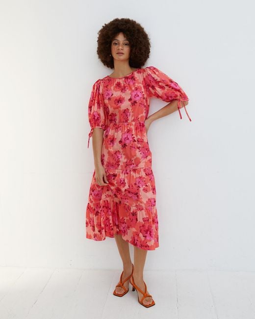 Oliver Bonas Red Floral Print Pink & Orange Midi Dress, Size 10