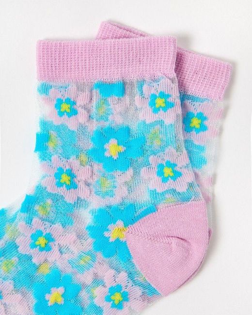 Oliver Bonas Blue & Pink Floral Sheer Ankle Socks