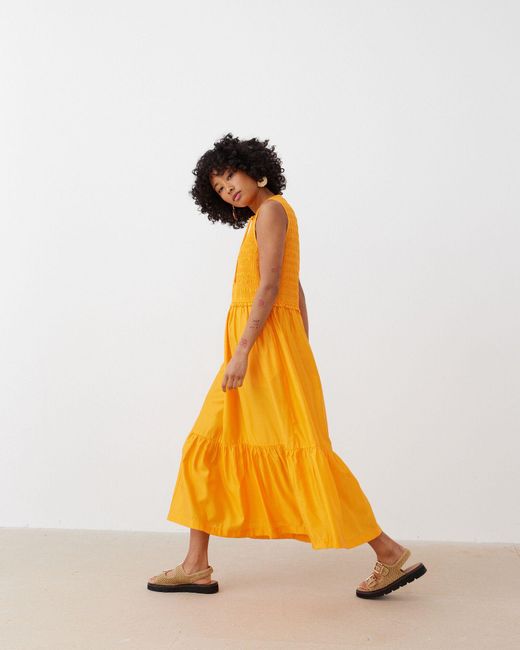 Oliver Bonas Orange Shirred Bodice Midi Dress, Size 6