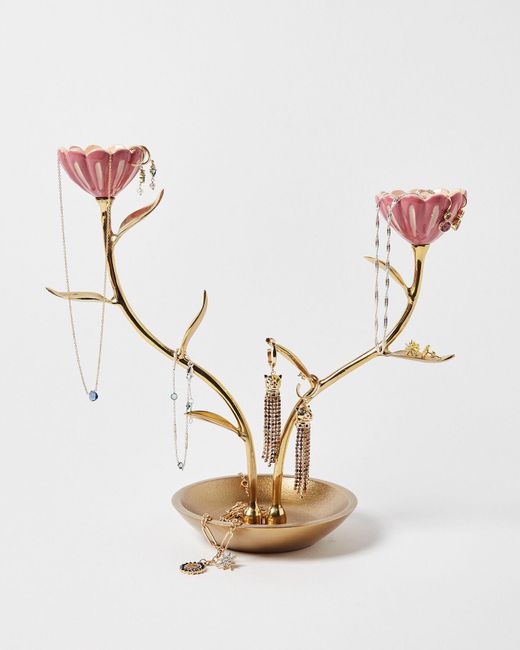 Oliver Bonas White Flower Gold Metal Jewellery Stand