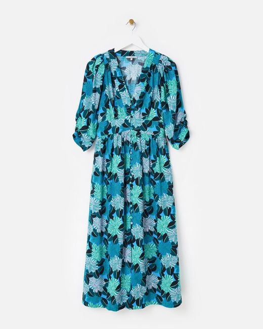 Oliver Bonas Blue & Green Floral V-neck Midi Dress, Size 6