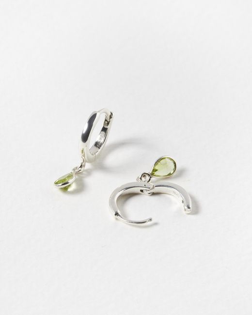 Oliver Bonas White Auden Tiny Teardrop Green Peridot & Silver Huggie Earrings