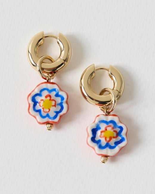 Oliver Bonas Metallic Hope Flower Charm Drop Hoop Earrings