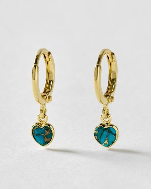 Oliver Bonas White Auden Copper Turquoise Heart Charm Hoop Drop Earrings