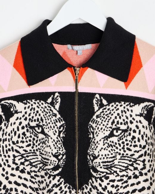 Oliver Bonas Natural Leopard Animal Print Knitted Bomber Jacket, Size 6