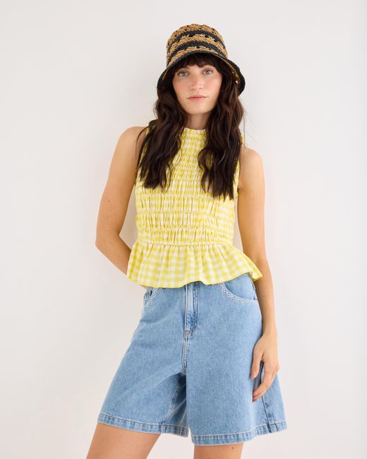 Oliver Bonas Blue Gingham Shirred Sleeveles Top, Size 10