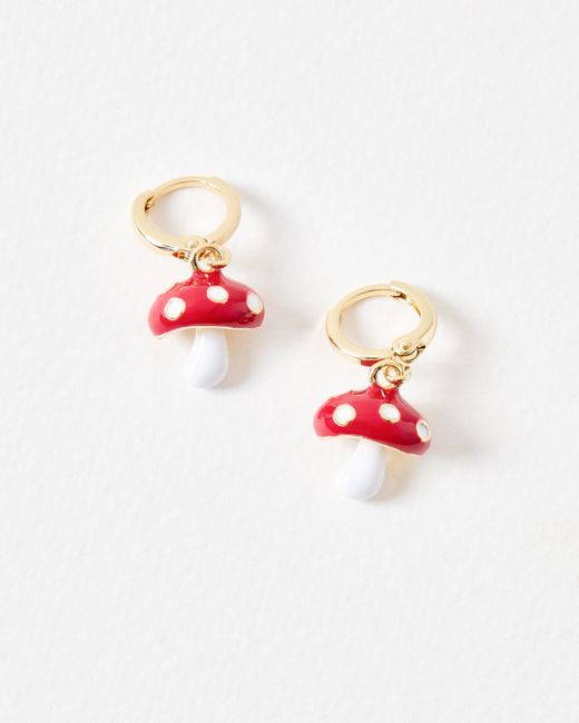 Oliver Bonas White Red Toadstool Charm Drop Huggie Earrings