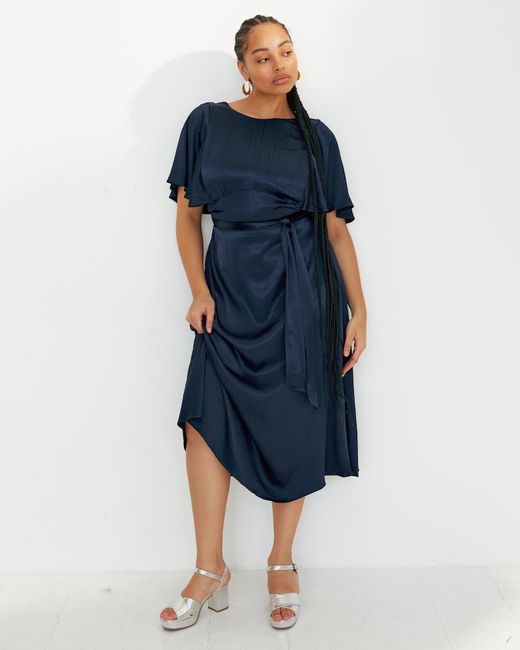 Oliver Bonas Blue Crinkle Sleeve Satin Midi Dress, Size 10