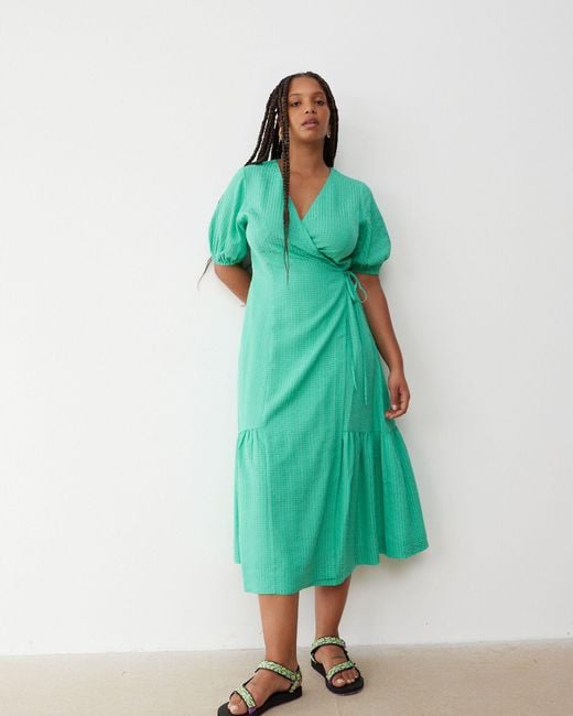 Oliver Bonas Green Textured V-neck Tiered Midi Wrap Dress, Size 6