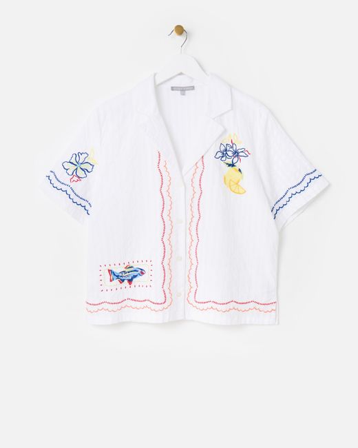 Oliver Bonas White Embroidered Lemon Textured Short Sleeve Shirt, Size 18