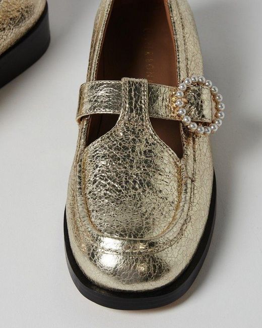 Oliver Bonas Black Crackled Metallic Leather Mary Jane Loafers