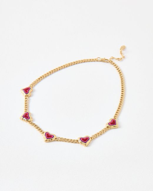 Oliver Bonas White Sylvie Red Enamel Hearts Collar Necklace