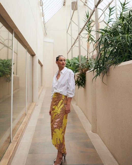Oliver Bonas Natural Palm Print Midi Skirt