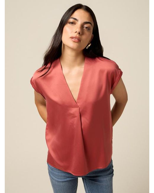 T-Shirt Bimaterica Con Scollo A V Donna, Taglia di Oltre in Red