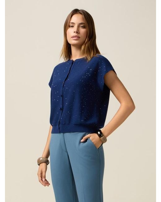 Cardigan Corto Con Paillettes Donna, Taglia di Oltre in Blue