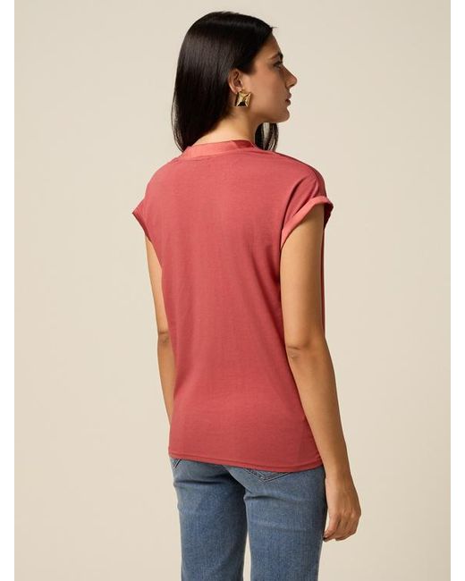 T-Shirt Bimaterica Con Scollo A V Donna, Taglia di Oltre in Red