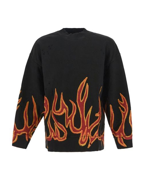 Palm Angels Cotton Graffiti Flames Crewneck Sweater in Black for Men | Lyst