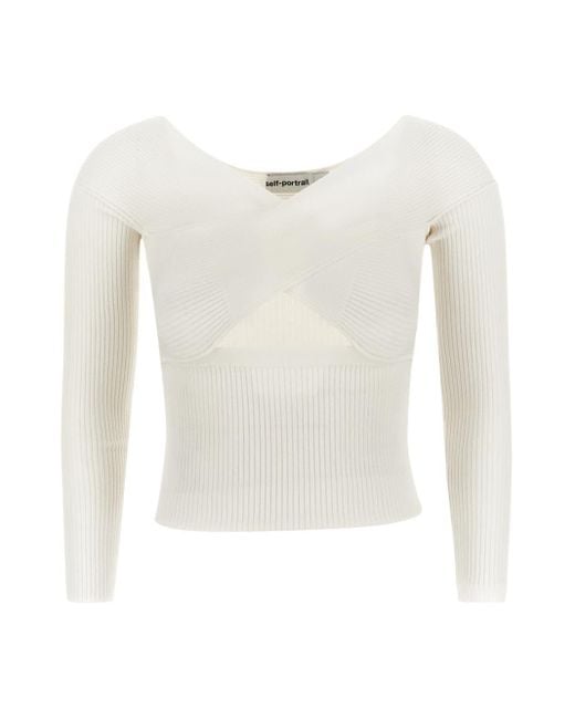 Self-Portrait Synthetic Ribbed Knit Crossover Bust Top in White | Lyst