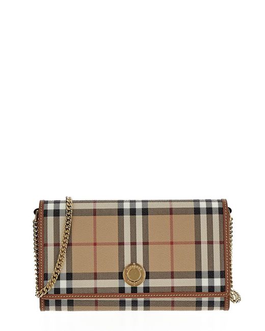 Burberry Gray Check Wallet With Chain Strap