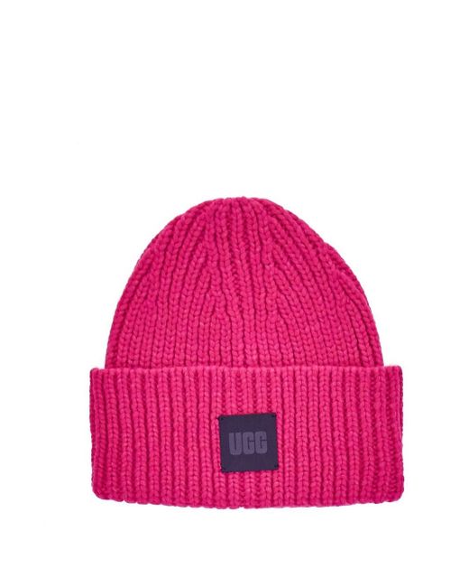Ugg Pink Chunky Ribbed Beanie With Logo