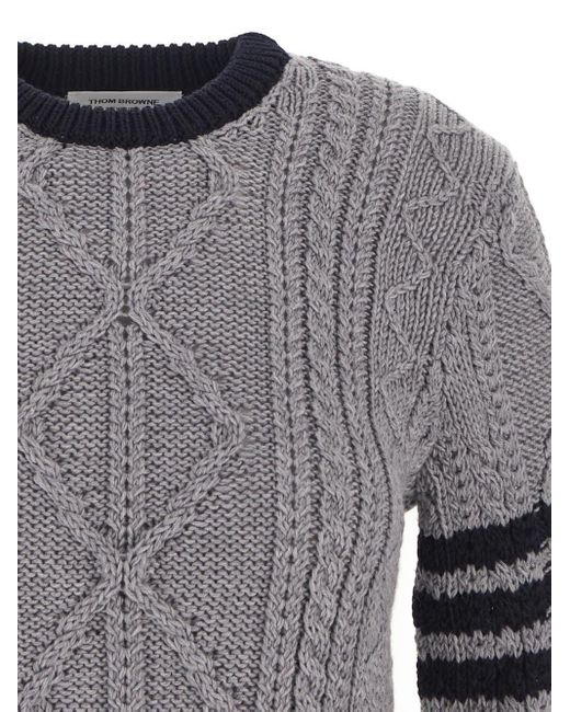 Thom Browne Aran Cable Classic Crewneck Pullover in Gray | Lyst