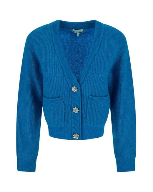 Ganni Wool Cropped Cardigan in Blue | Lyst