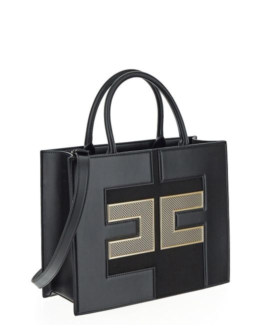 Elisabetta Franchi Metallic Embossed Logo Shopper Bag in Black Lyst