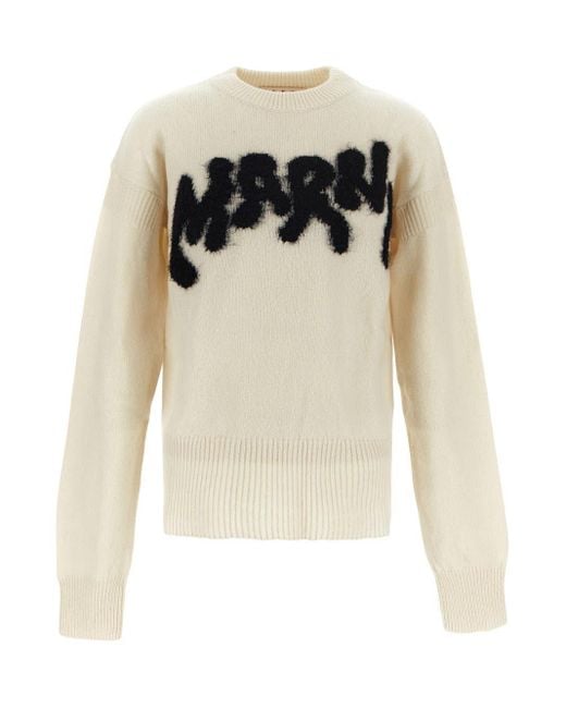Marni White Shetland Logo Knit Sweater for men