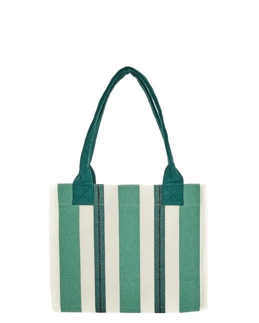 Ganni Green Large Striped Canvas Tote Bag