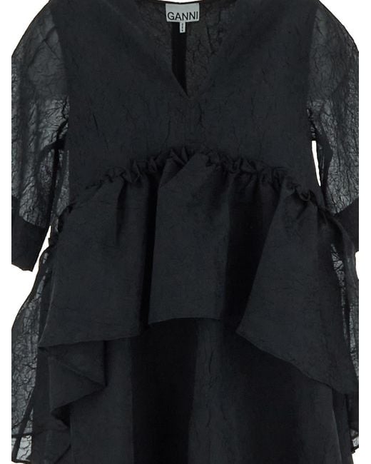 Ganni Black Crinkled Georgette Flounce Mini Dress