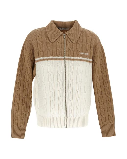 Miu Miu Natural White And Camel Zipped Sweater